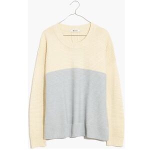 Madewell Greensboro Button Back Cream and Blue Crew Neck Sweater